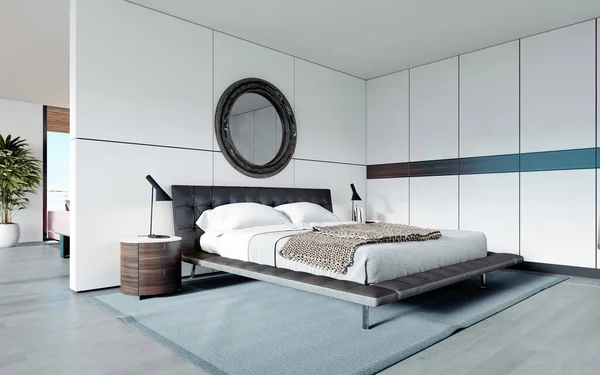 Modernes Designerschlafzimmer Skandinavischen Stil Kleiderschrank Runder Spiegel Panoramafenster Vom Boden — Stockfoto