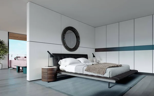 Modern designer bedroom in Scandinavian style, wardrobe, round mirror, panoramic window from floor to ceiling. 3D rendering.