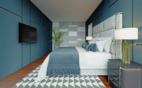 Dormitorio Diseño Azul Blanco Con Parquet Marrón Una Gran Ventana —  Fotos de Stock