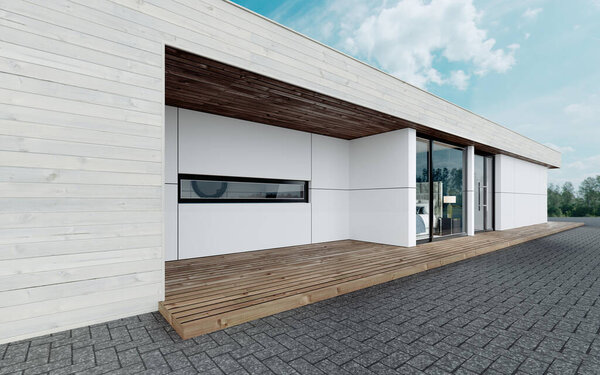 Part of the modern facade of a residential building in a modern style. 3D rendering.