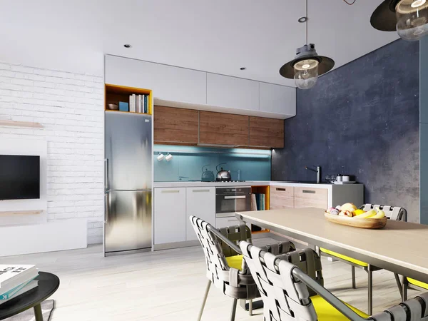 Küche Blauer Und Weißer Farbe Mit Esstisch Zeitgenössischer Stil Rendering — Stockfoto