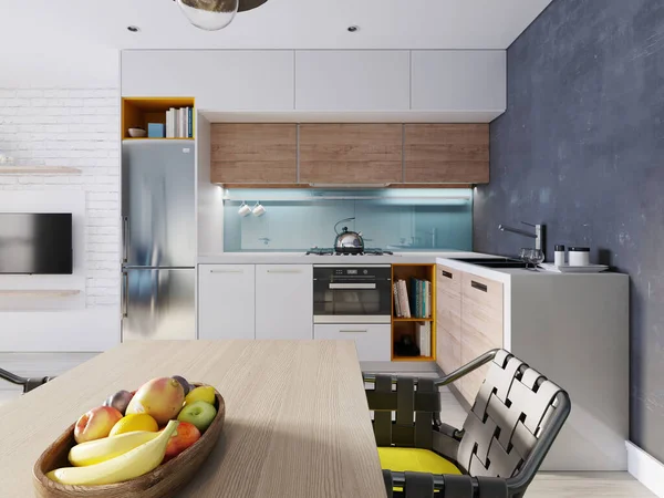 厨房配上蓝白相间的色彩 餐桌为当代风格 3D渲染 — 图库照片