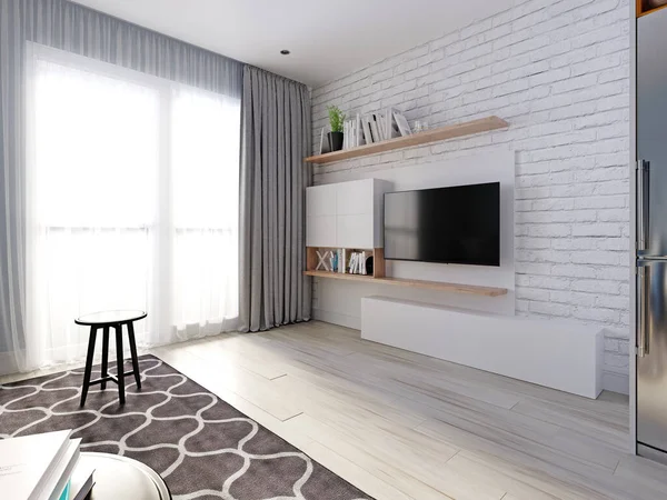 一个有电视和书架的电视单位 白色装饰砖墙 木质部质感和衬垫白色储物柜 3D渲染 — 图库照片