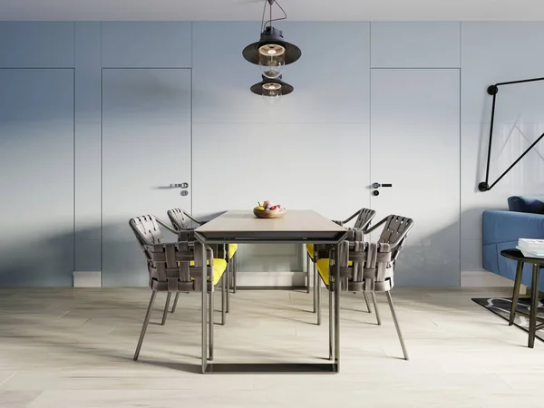 装飾と4つのデザイナーウィッカーチェア付きの金属テーブルをダイニング 北欧のインテリアデザイン 北欧スタイル 3Dレンダリング — ストック写真