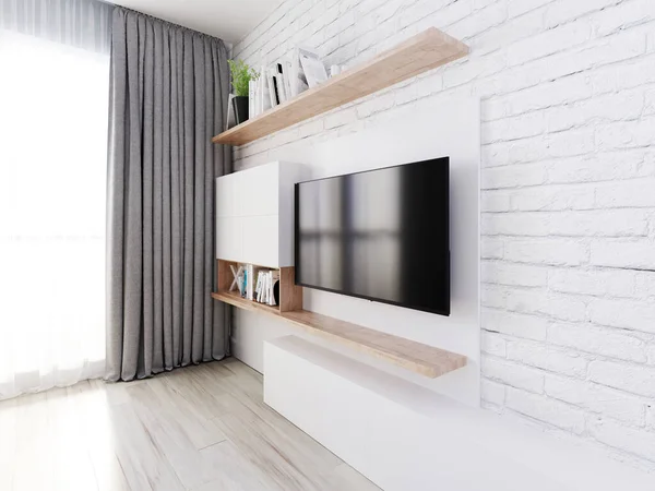 Een Unit Met Een Boekenplanken Witte Decoratieve Bakstenen Muur Houten — Stockfoto