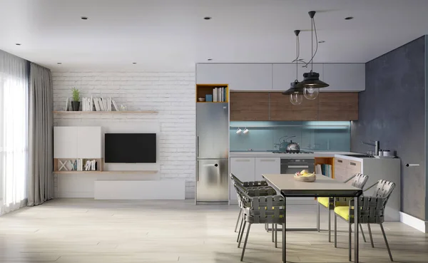 带厨房 餐厅和带沙发的客厅的小工作室公寓 室内有蓝白相间的色彩和木制元素 3D渲染 — 图库照片