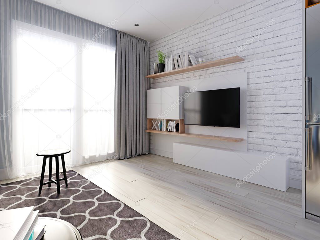 A TV unit with a TV and bookshelves. white decorative brick wall. Wood texture and matt white lockers. 3D rendering.