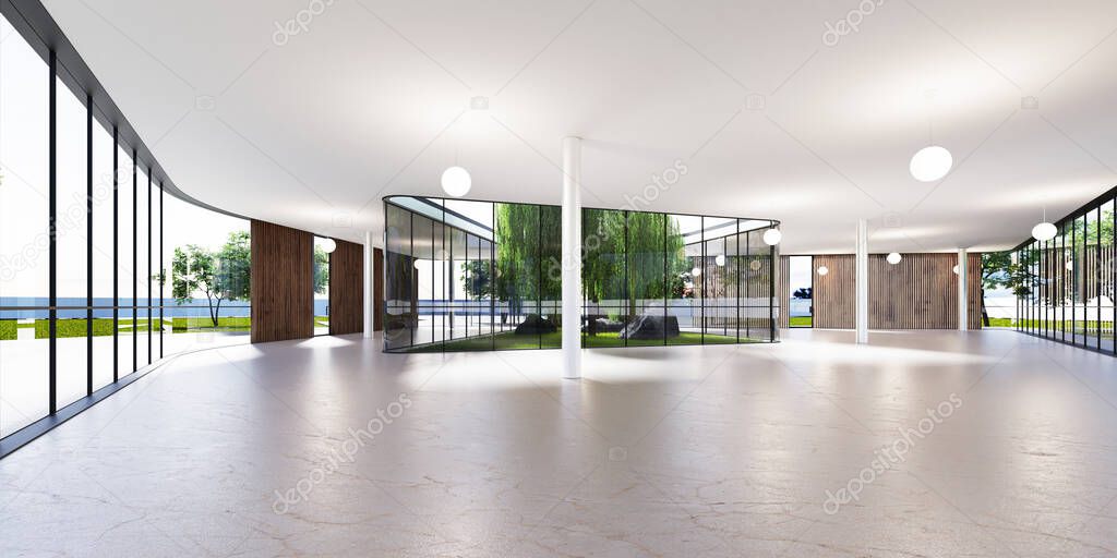 Spacious bright spatial rooms with lots of greenery behind the glass. Public premises for office, gallery, exhibition. 3D rendering.