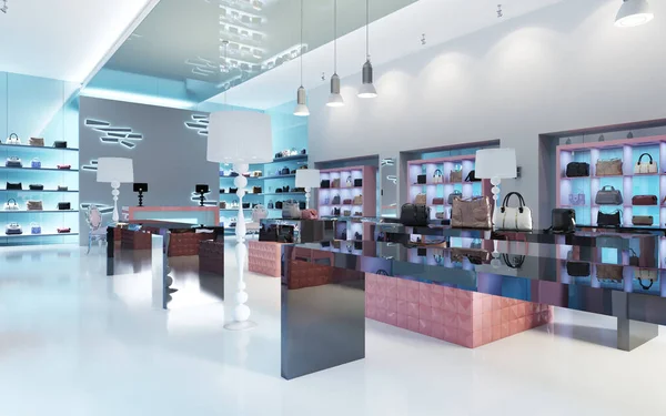 Interior design of a store of branded bags. 3D rendering.