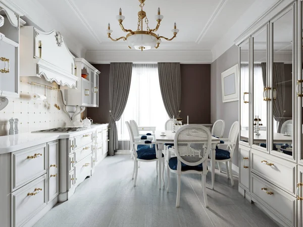 厨房室内设计与餐桌的普罗旺斯风格 白色家具和棕色墙壁 3D渲染 — 图库照片