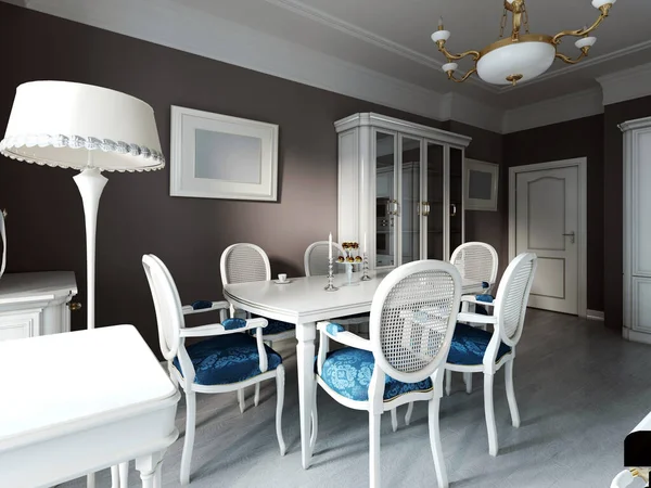 プロバンススタイルのダイニングテーブル付きのキッチンインテリアデザイン 白い家具と茶色の壁 3Dレンダリング — ストック写真