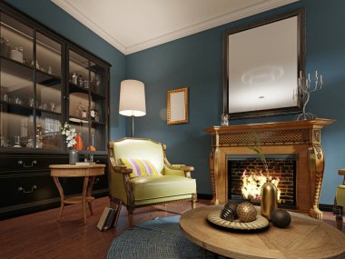 Ahşap bacaklı lüks tasarımcı koltuğu ve çok renkli yastıklı deri deri deri. Ahşap şöminenin yanındaki klasik koltuk. 3B görüntüleme.