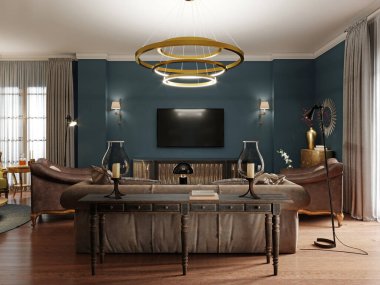 Frontal view of a wooden classic console with a sofa and TV on a blue wall with luminous sconces. Modern classically interior. 3D rendering. clipart