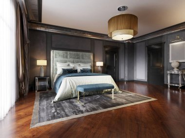 Siyah duvarları ve beyaz yatağı olan lüks klasik yatak odası. Televizyon, yer lambası, koltuk, siyah kaplama mobilya. 3B görüntüleme.