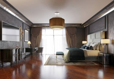 Siyah duvarları ve beyaz yatağı olan lüks klasik yatak odası. Televizyon, yer lambası, koltuk, siyah kaplama mobilya. 3B görüntüleme.