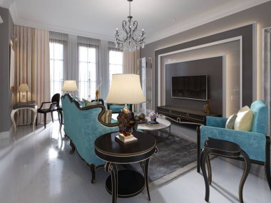 Modern sanat deco tarzı oturma odası. Moda yeşili mobilyalar ve bej duvarlar. Kahve masası, televizyon standı, televizyon ünitesi. 3B görüntüleme.