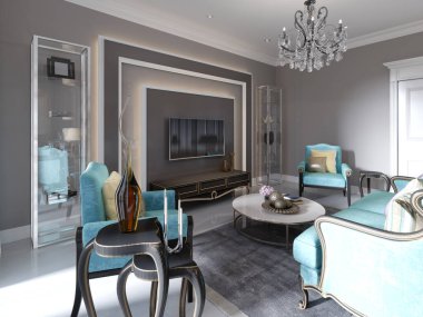 Modern sanat deco tarzı oturma odası. Moda yeşili mobilyalar ve bej duvarlar. Kahve masası, televizyon standı, televizyon ünitesi. 3B görüntüleme.