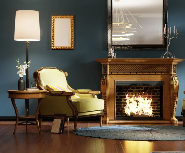 Luxurious designer chair with wooden legs and leather green leather with multi-colored pillow. Classic armchair by the wooden fireplace. 3D rendering.