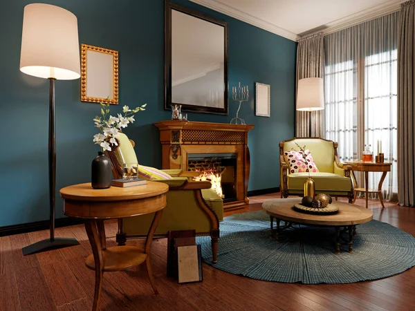 Açık Yeşil Deri Döşemeli Ahşap Koltuklu Klasik Oturma Odasının Rahatlama — Stok fotoğraf
