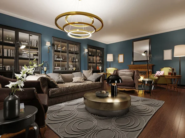 Ein Modernes Eklektisches Wohnzimmer Dunklen Farben Mit Einem Weichen Ledersofa — Stockfoto