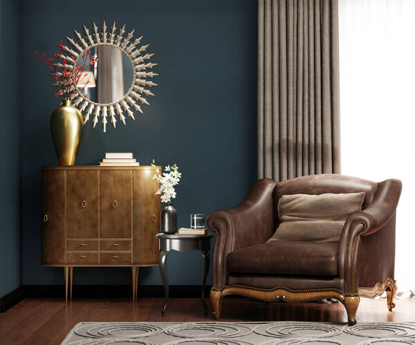 A classic leather armchair with a brown pillow, near the golden chest of drawers with decor, by the window. 3D rendering.