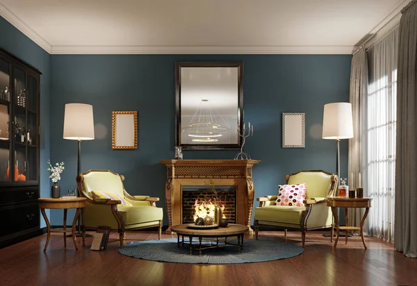 Relaxation area of the classic-style living room with wooden armchairs with light green leather upholstery. Luxurious carved wood fireplace. Deep blue walls. 3D rendering.