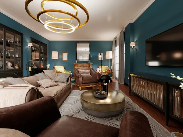 Ein Modernes Eklektisches Wohnzimmer Dunklen Farben Mit Einem Weichen Ledersofa — Stockfoto