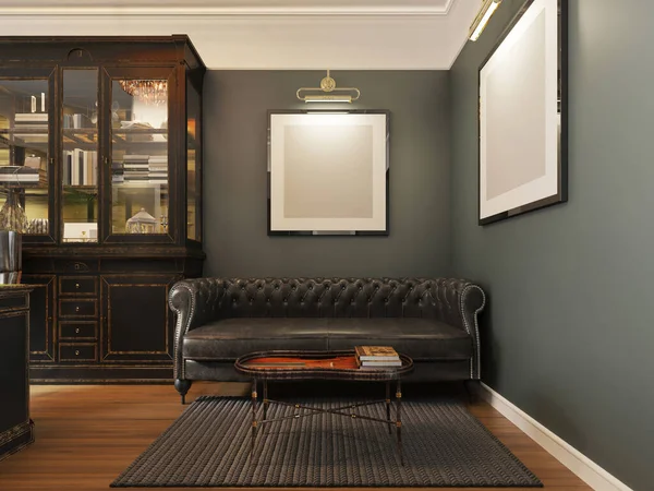 Czarna Klasyczna Pikowana Skórzana Sofa Podświetlony Obraz Nowoczesnym Wnętrzu Renderowanie — Zdjęcie stockowe