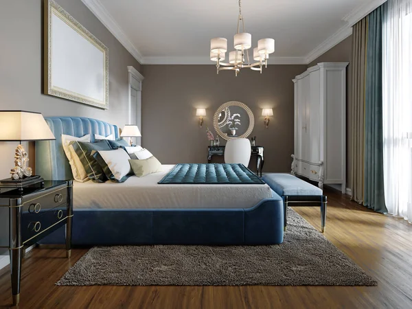 折衷的なスタイルのモダンなベッドルーム ダブルブルーのベッド ブラックのドレッシングテーブル 装飾付きの引き出しの胸 ベージュの壁と白いワードローブ 3Dレンダリング — ストック写真