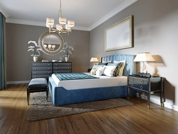 一个折衷风格的现代卧房 有一张双蓝色的床 黑色的梳妆台和装有装饰的抽屉的箱子 米黄色的墙壁和白色的衣柜 3D渲染 — 图库照片