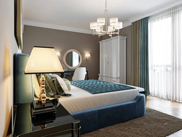 Dormitorio Moderno Estilo Ecléctico Con Una Cama Doble Azul Tocador —  Fotos de Stock
