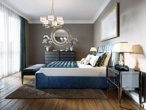Ένα Μοντέρνο Υπνοδωμάτιο Εκλεκτικό Στυλ Διπλό Μπλε Κρεβάτι Μαύρο Dressing — Φωτογραφία Αρχείου