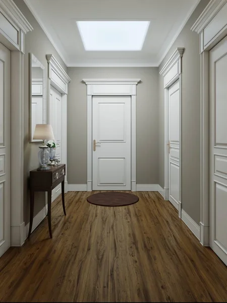 Classic modern hallway corridor interior with beige walls and white doors. Key table and a large mirror with sconces on the wall. 3D rendering.