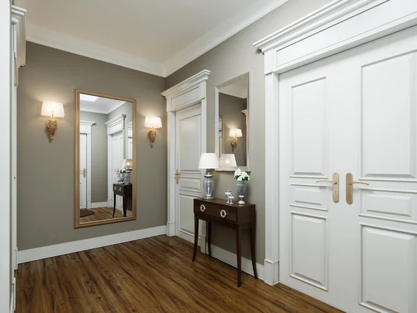 ベージュの壁と白のドアと古典的な近代的な廊下のインテリア 鍵となるテーブルと壁に隙間のある大きな鏡 3Dレンダリング — ストック写真