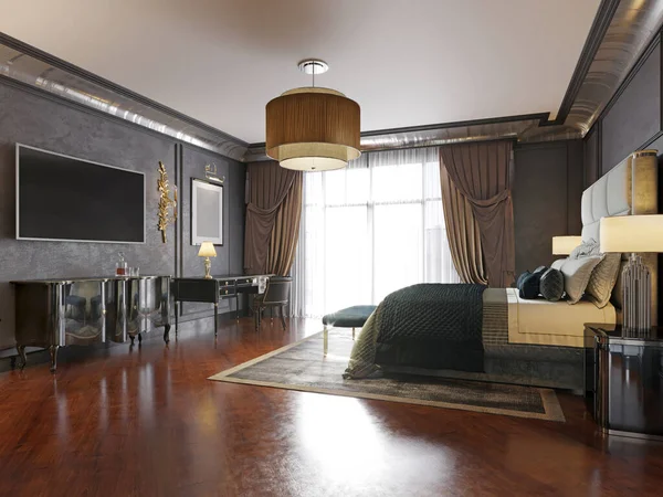 Luxusní Klasická Ložnice Černými Stěnami Bílou Postelí Podlahová Lampa Křeslo — Stock fotografie
