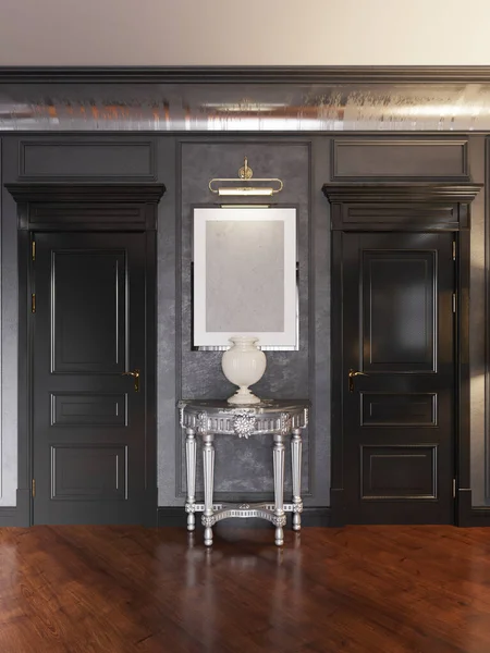 镀铬的控制台 在门与门之间的墙上有一个豪华的经典花瓶 内饰为黑色 2020年设计 3D渲染 — 图库照片
