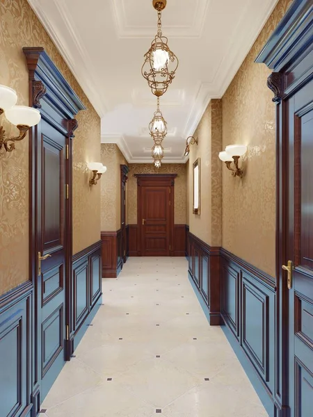 黄色の壁紙 茶色のドアと木製のパネルを持つ古典的なホールの廊下のインテリアデザイン 壁にはバックライト付きの絵画やシンセ 3Dレンダリング — ストック写真