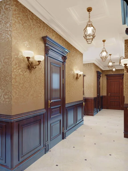 Sarı Duvar Kağıdı Kahverengi Kapılar Ahşap Panelli Klasik Bir Koridor — Stok fotoğraf