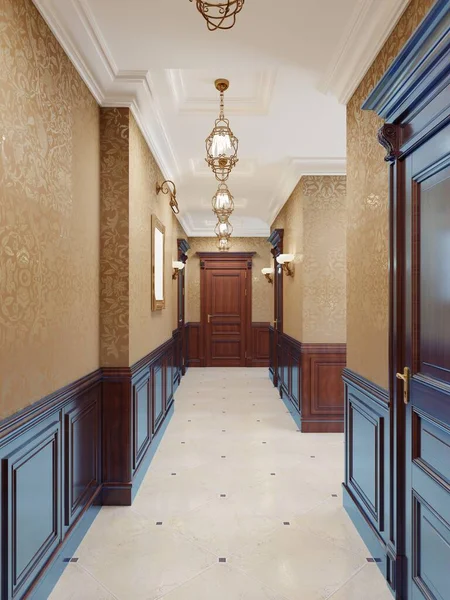 黄色の壁紙 茶色のドアと木製のパネルを持つ古典的なホールの廊下のインテリアデザイン 壁にはバックライト付きの絵画やシンセ 3Dレンダリング — ストック写真