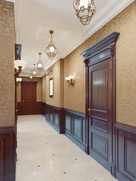 Design Interiores Corredor Salão Clássico Com Papel Parede Amarelo Portas — Fotografia de Stock