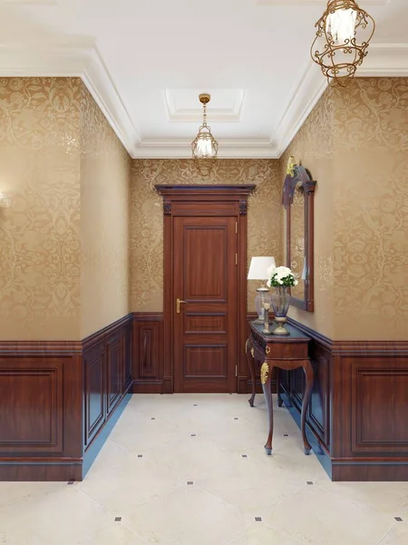 Interior design of a classic hall corridor with yellow wallpaper, brown doors and wood paneling. Backlit paintings and sconces on the wall. 3D rendering.