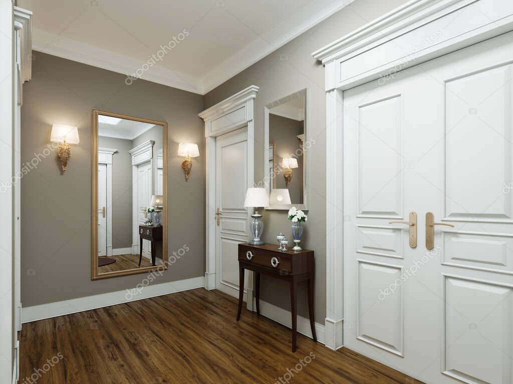 Classic modern hallway corridor interior with beige walls and white doors. Key table and a large mirror with sconces on the wall. 3D rendering.