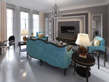 Modern sanat deco tarzı oturma odası. Moda yeşili mobilyalar ve bej duvarlar. Kahve masası, televizyon standı, televizyon ünitesi. 3B görüntüleme.