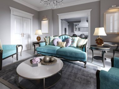 Modern sanat deco tarzı oturma odası. Moda yeşili mobilyalar ve bej duvarlar. Kahve masası, televizyon standı, televizyon ünitesi. 3B görüntüleme.