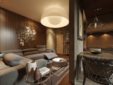 Stüdyo daire, oturma odası ve mutfak alanı, kahverengi ve bej renkli, modern bir köşe kanepesi ve büyük yuvarlak bir avize şeklinde bir küre, akşam aydınlatması. 3B görüntüleme.
