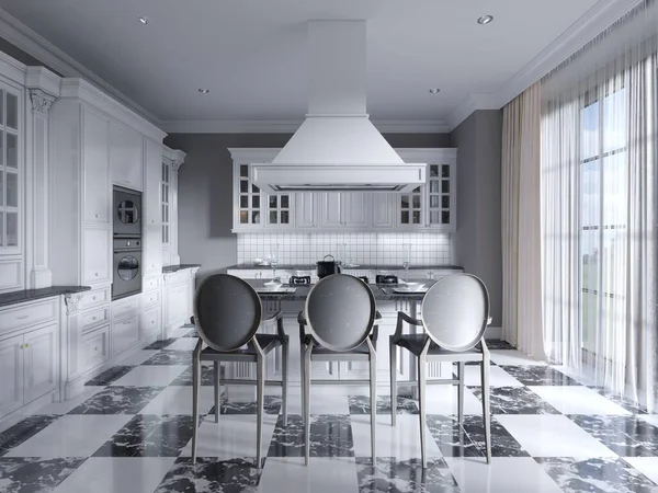 Kuchyně Stylu Art Deco Módním Černobílým Nábytkem Mramorovou Šachovou Podlahou — Stock fotografie