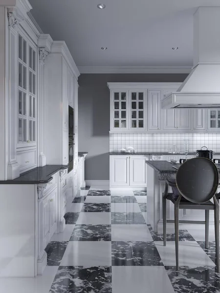 Современная Кухня Стиле Деко Тривиальной Черно Белой Мебелью Шахматным Мраморным — стоковое фото