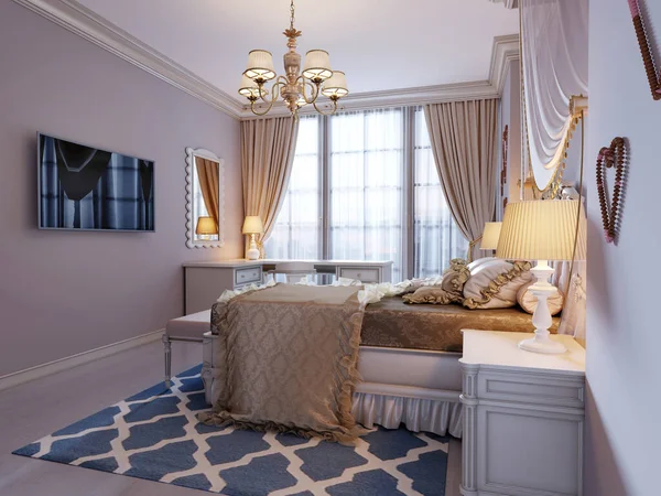 为青少年设计一个古典风格的房间 一张床 上面有一个巨大的雕刻的床头板和一个天篷 一个粉红色和米黄色的房间 3D渲染 — 图库照片
