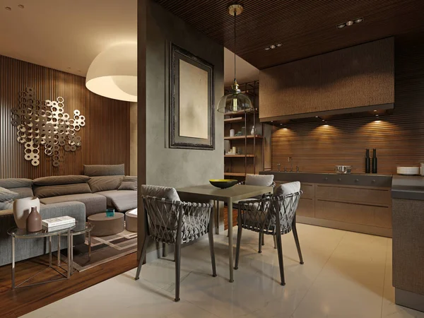 Studio apartment with a living room and kitchen area, in brown and beige color, a modern corner sofa and a large round designer chandelier in the form of a sphere, evening lighting. 3D rendering.