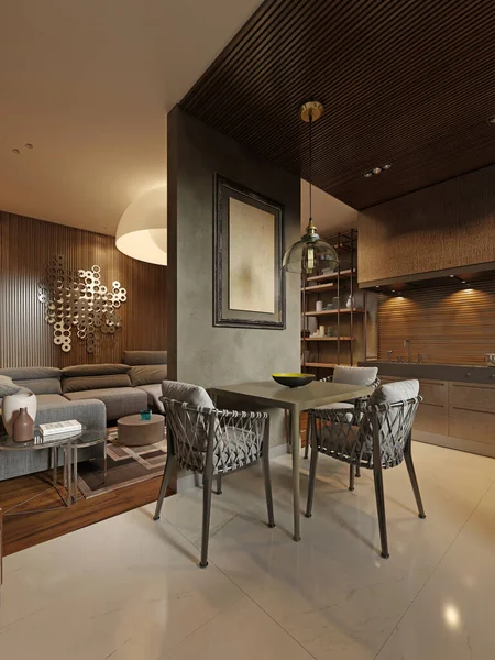 Sala Mese Bucătărie Stil Contemporan Apartamente Studio Maro Închis Peretele — Fotografie, imagine de stoc